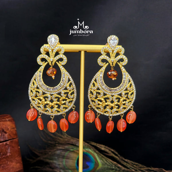 Partywear Designer White AD Zircon Chaandbali Earrings With Orange Beads