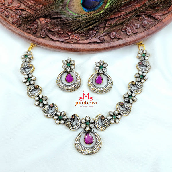 White, Green & Ruby Red AD Zircon Peacock Floral Victorian Necklace