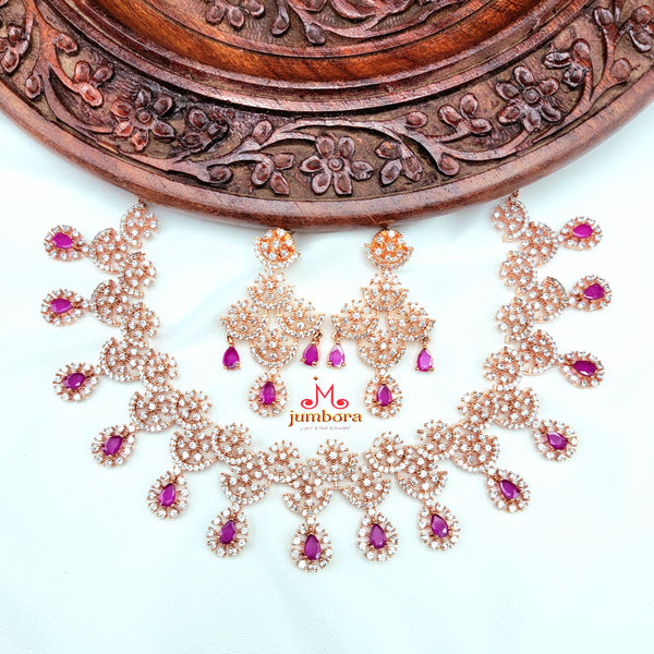 Contemporary Rose Gold Ruby & White AD Zircon Necklace Set