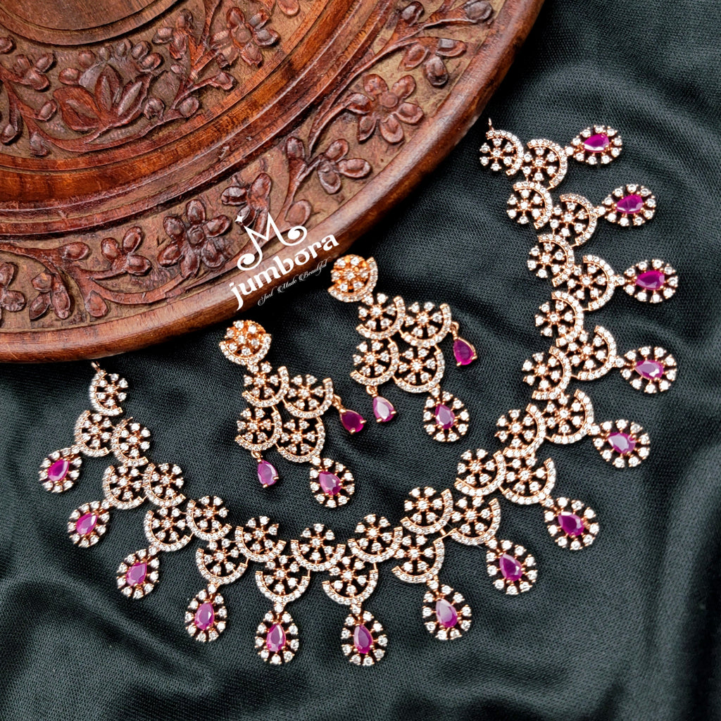 Contemporary Rose Gold Ruby & White AD Zircon Necklace Set