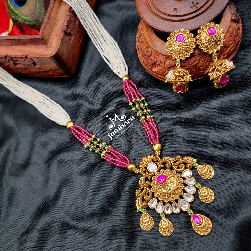 Rajwadi Paachi Kundan Pearl & Red Green Hydro beads Mala set