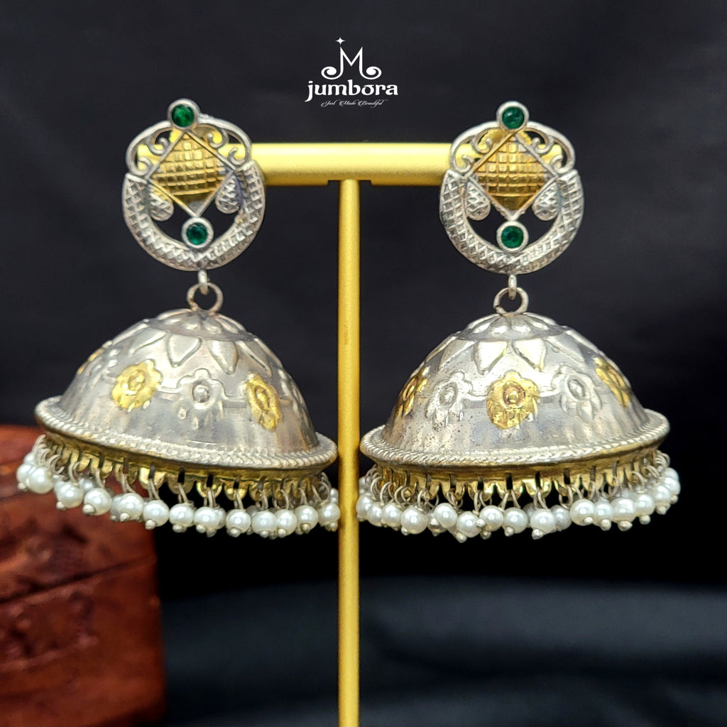 Silver Look Alike (SLA) Dual Tone Big Oxidized German Silver Jhumka Earring