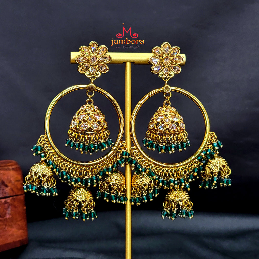 Polki LCD Champagne Stone Triple Jhumka Chaandbali Earring