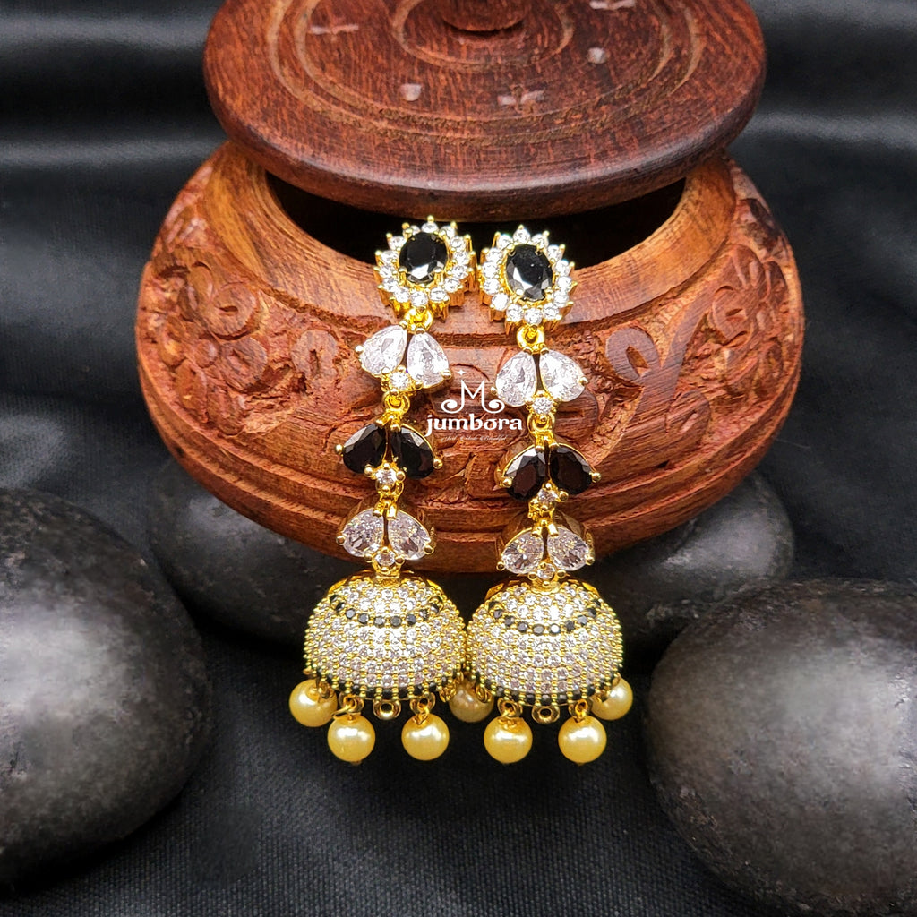 Long Black & White AD Zircon (CZ) Jhumka Earring