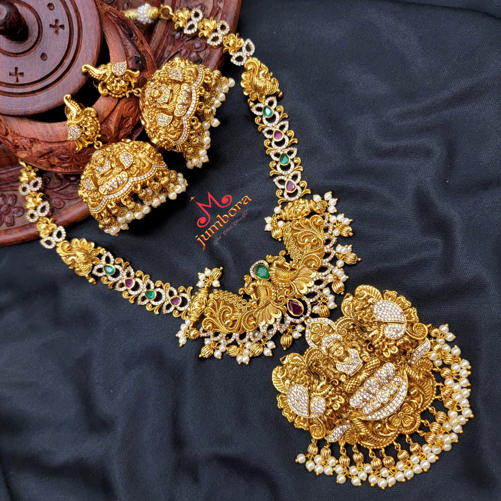 Nakshi 3D Zircon AD Peacock Lakshmi Necklace in Temple Jewelry