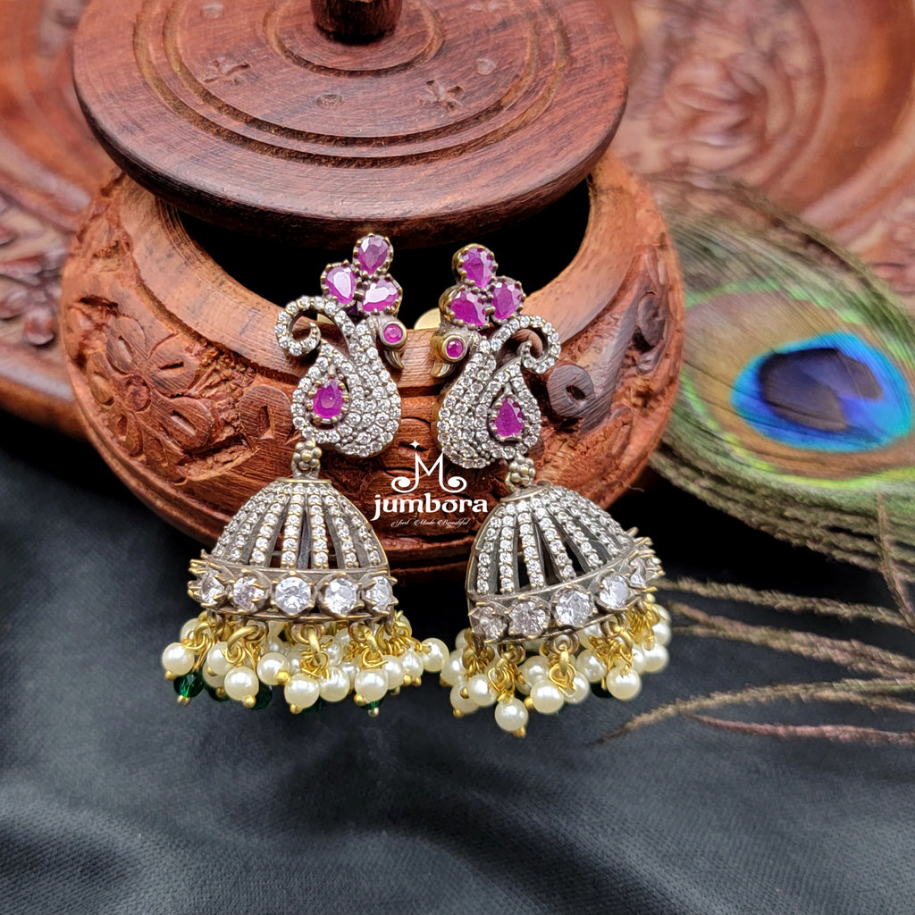 Peacock Victorian White AD Zircon Jhumka