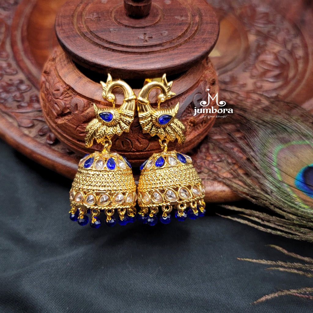 Blue Peacock LCD Champagne AD stones Jhumka Earrings