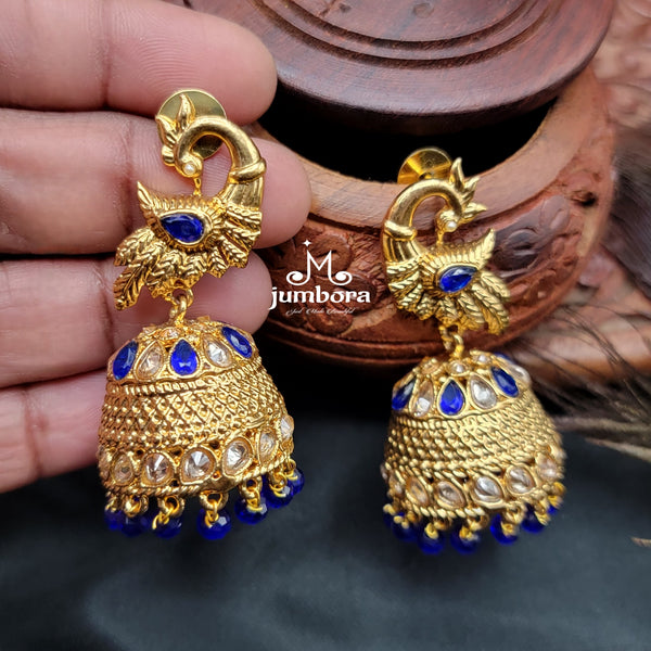 Blue Peacock LCD Champagne AD stones Jhumka Earrings