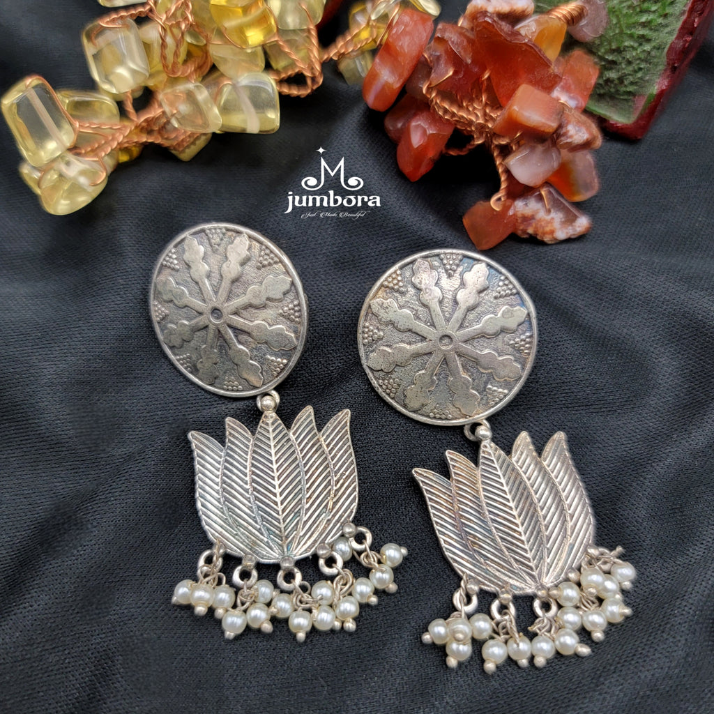 Silver Look Alike (SLA) Lotus Oxidized German Silver Earring