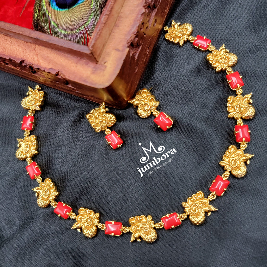 Coral Red Peacock Necklace Set