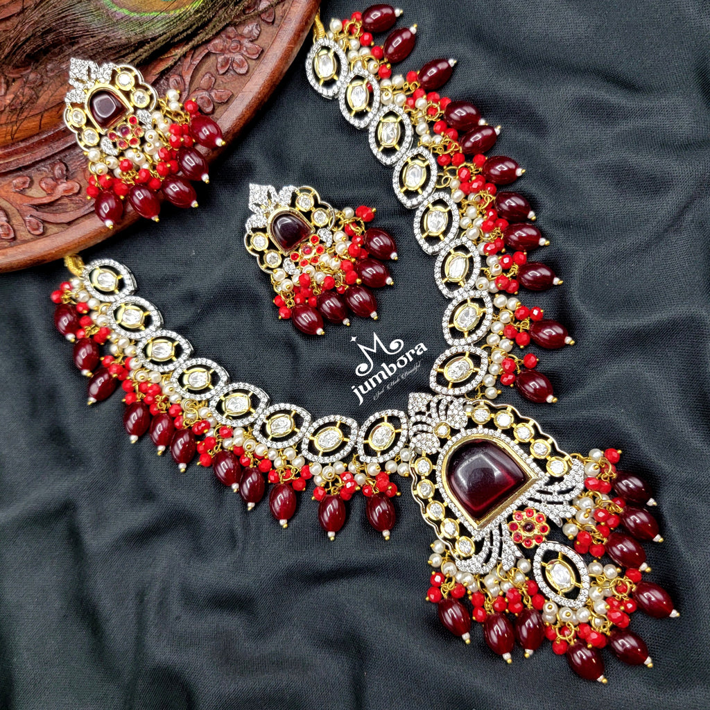 Royal Statement White AD Zircon & Kundan Necklace with Maroon Monalisa Beads