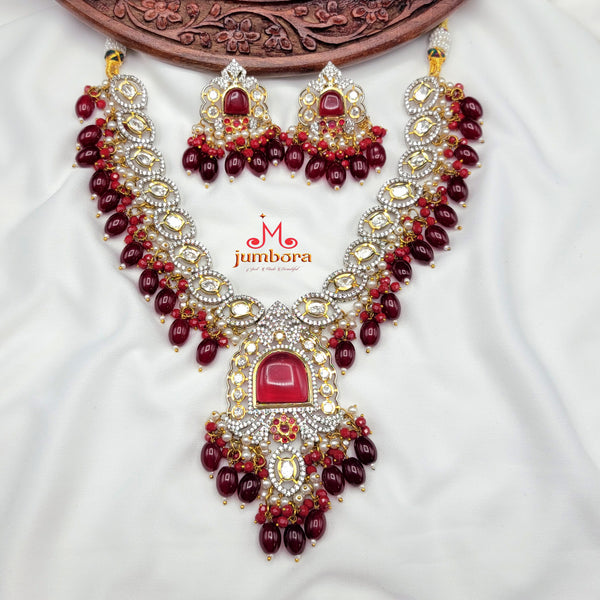 Royal Statement White AD Zircon & Kundan Necklace with Maroon Monalisa Beads