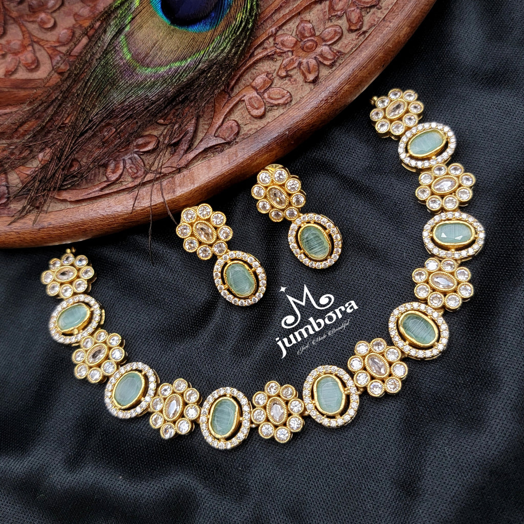 Floral Mint Green & White AD Zircon Necklace