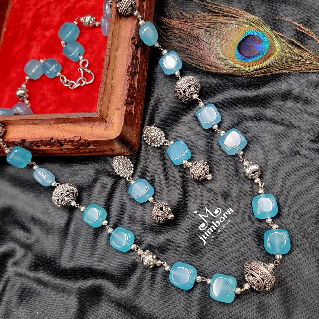 Handmade Blue Onyx Nuggets Oxidized German Silver Beads Mala Necklace Set