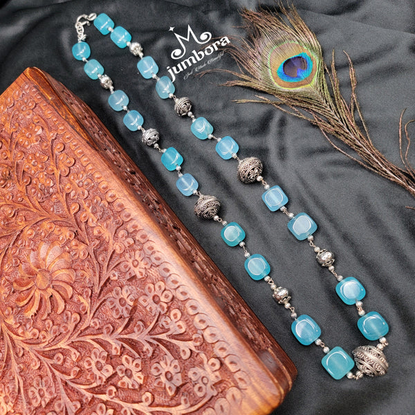 Handmade Blue Onyx Nuggets Oxidized German Silver Beads Mala Necklace Set