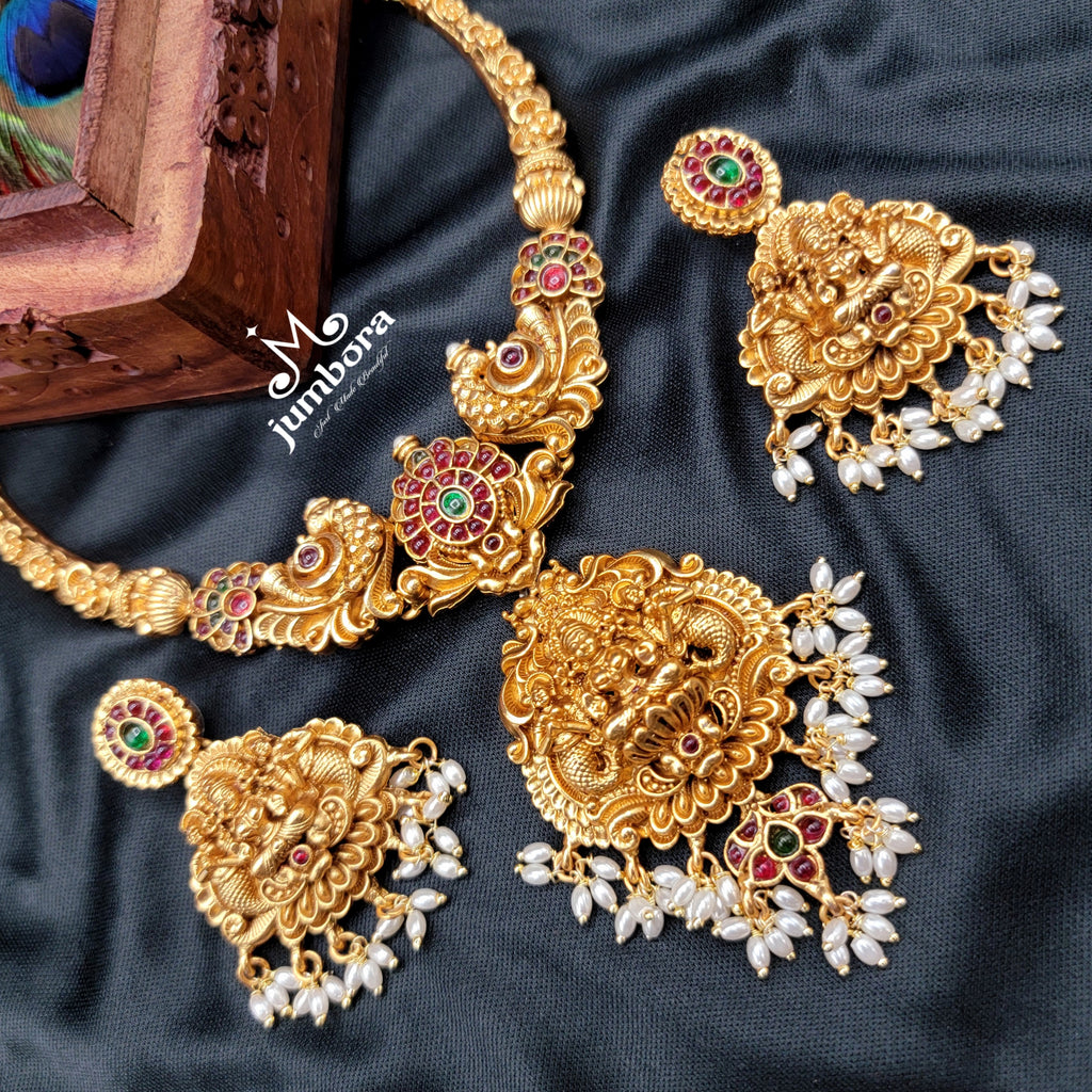 Kaante Style Kempu Lakshmi Necklace Set Temple Jewelry