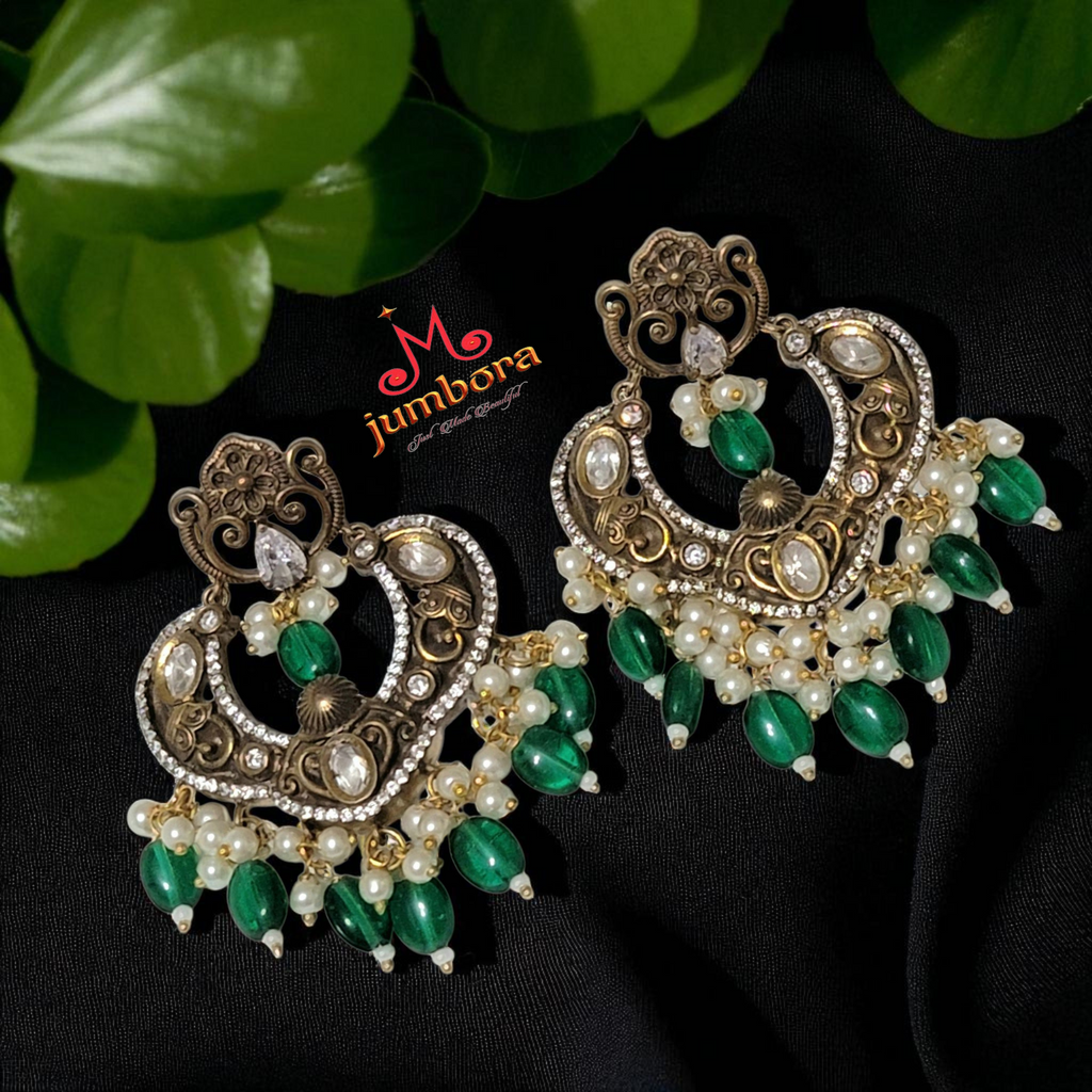 Green Kundan & White Zircon CZ ( AD) Victorian Earring