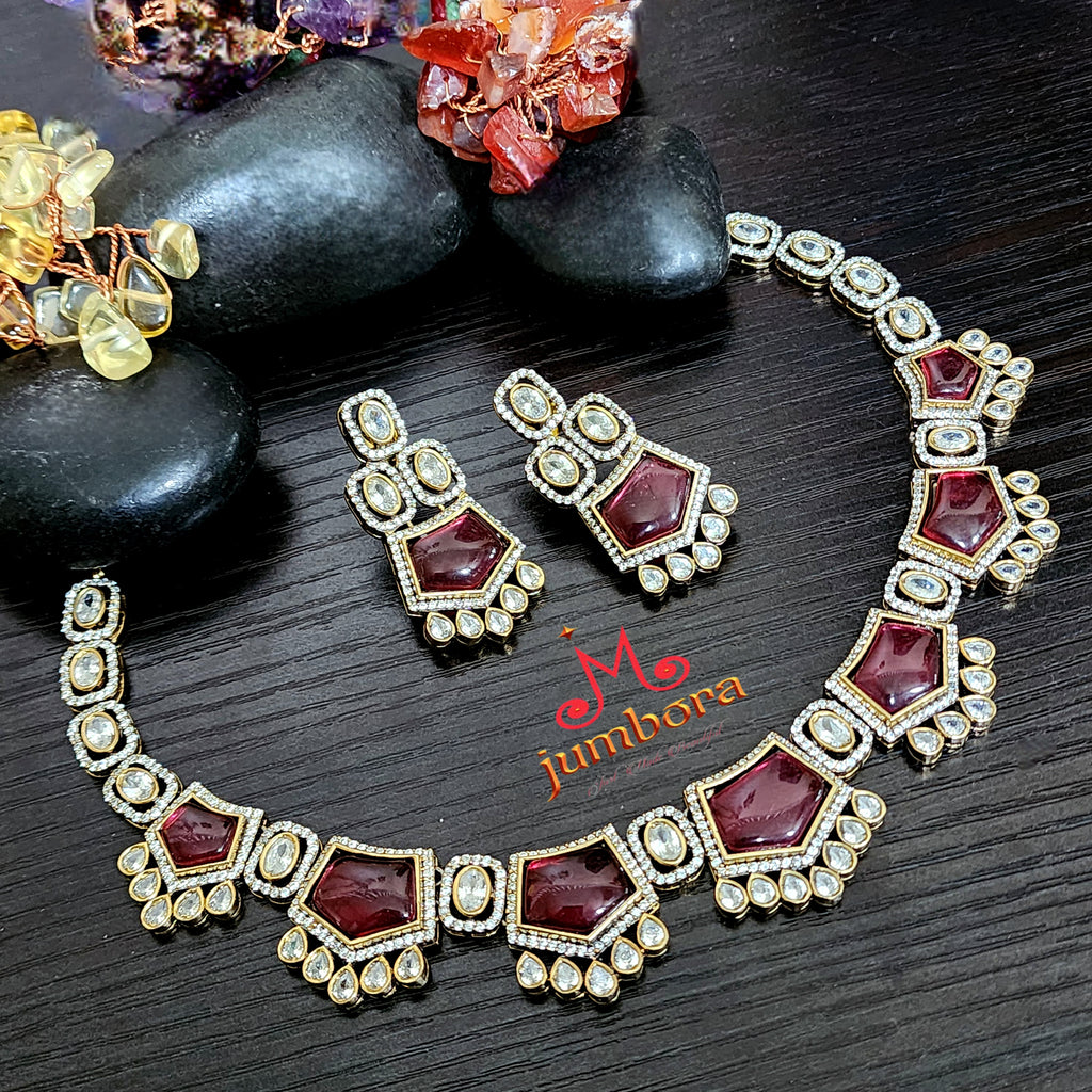Partywear White & Ruby Red AD Zircon Victorian Necklace Set