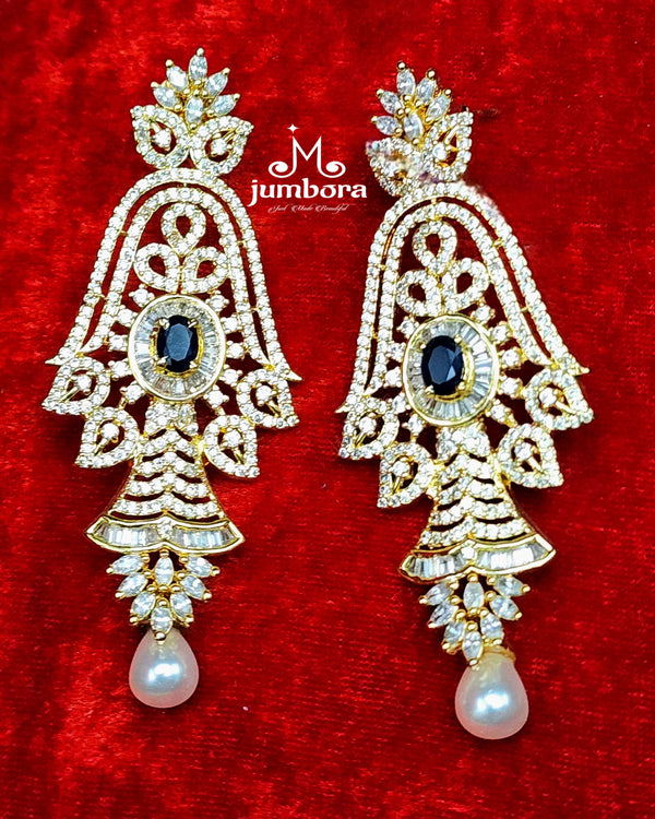 Partywear Designer Sapphire Blue &  White AD CZ Zircon Earrings