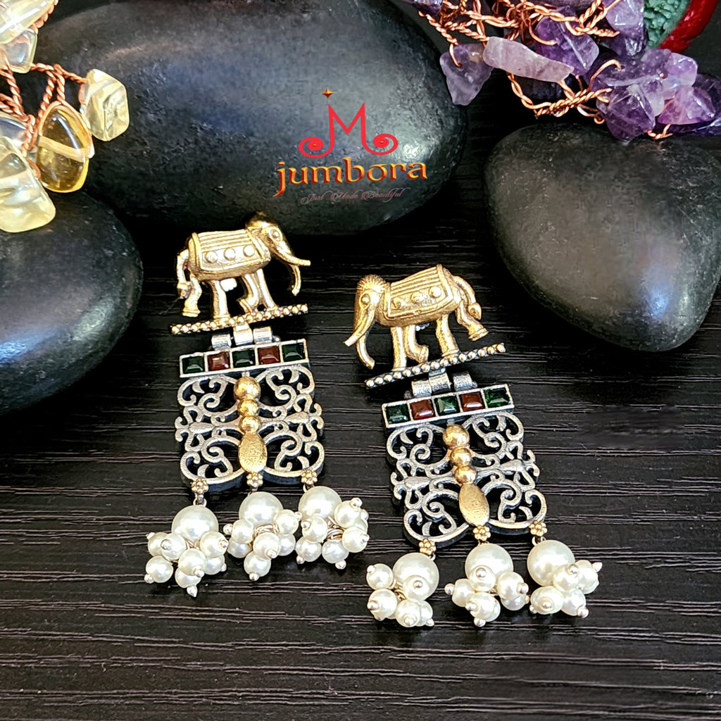 Elephant Silver Look Alike (SLA) Dual Tone Red & Green Oxidized German Silver Earring
