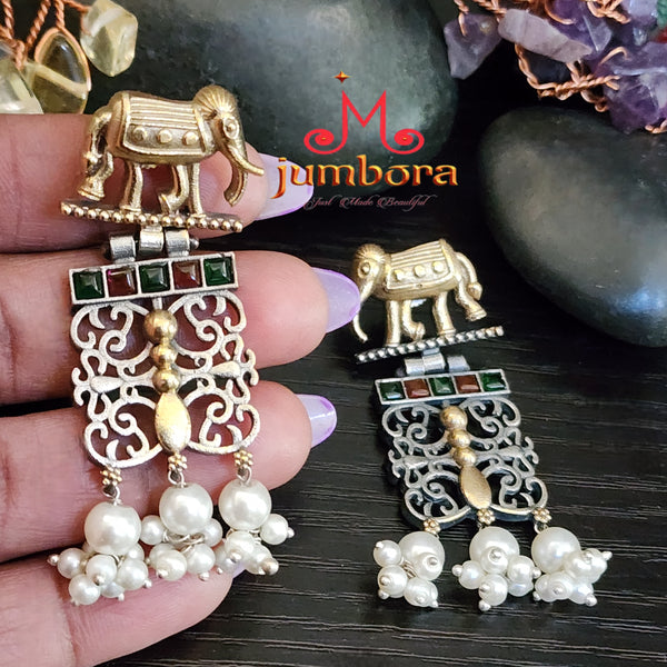 Elephant Silver Look Alike (SLA) Dual Tone Red & Green Oxidized German Silver Earring