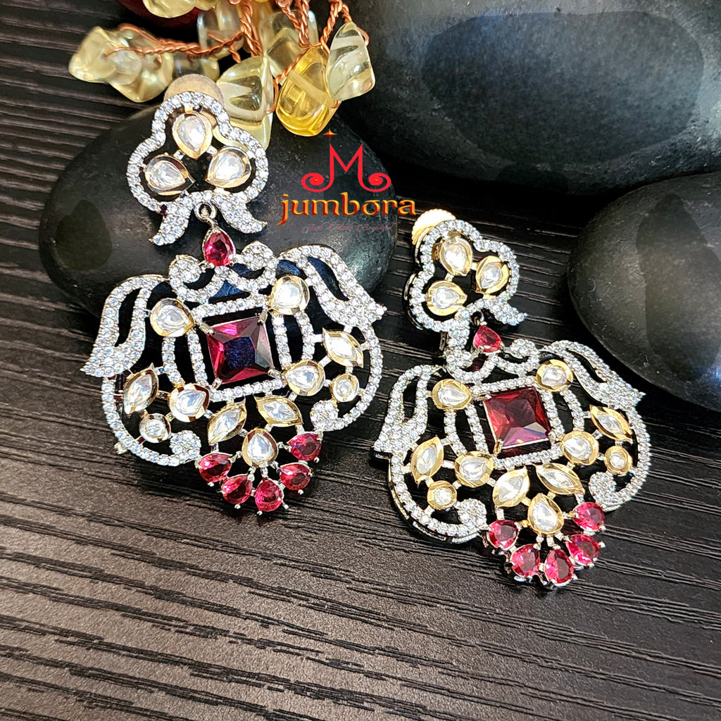 Burgundy Red & White AD CZ Zircon Statement Kundan Earring