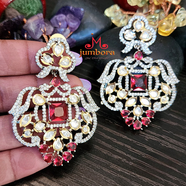 Burgundy Red & White AD CZ Zircon Statement Kundan Earring