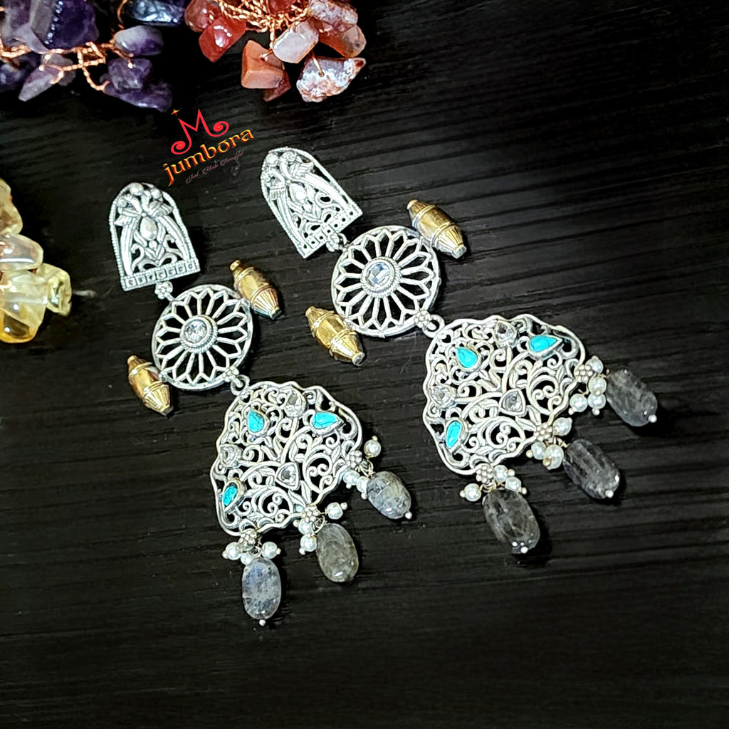 Turquoise Silver Look Alike (SLA) Dual Tone Long Oxidized German Silver Earring