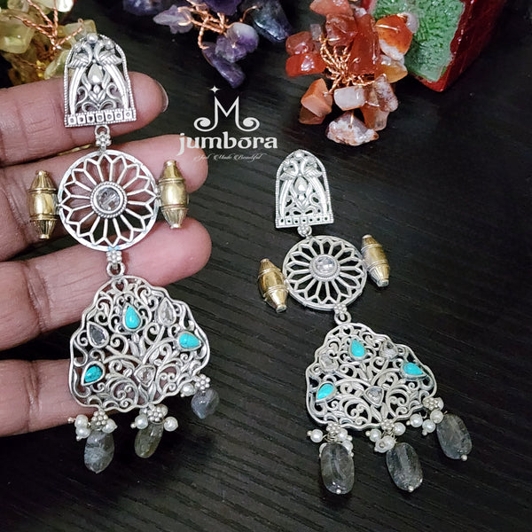 Turquoise Silver Look Alike (SLA) Dual Tone Long Oxidized German Silver Earring
