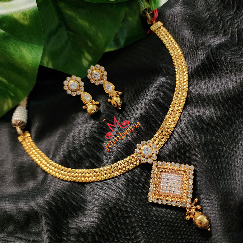 Addigai Style White CZ Stone Necklace Set