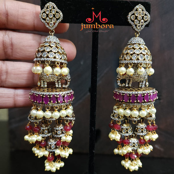 Statement Elephant Victorian Ruby Red & White AD Zircon CZ Long Jhumka