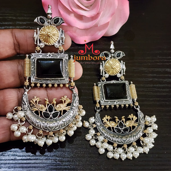Statement Long Silver Look Alike (SLA) Dual Tone Black Stone Oxidized German Silver Earring