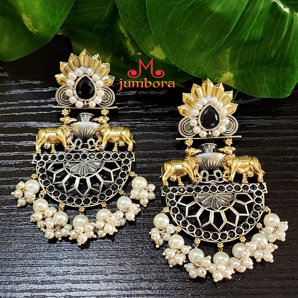 Silver Look Alike (SLA) Dual Tone Black Oxidized German Silver Earring