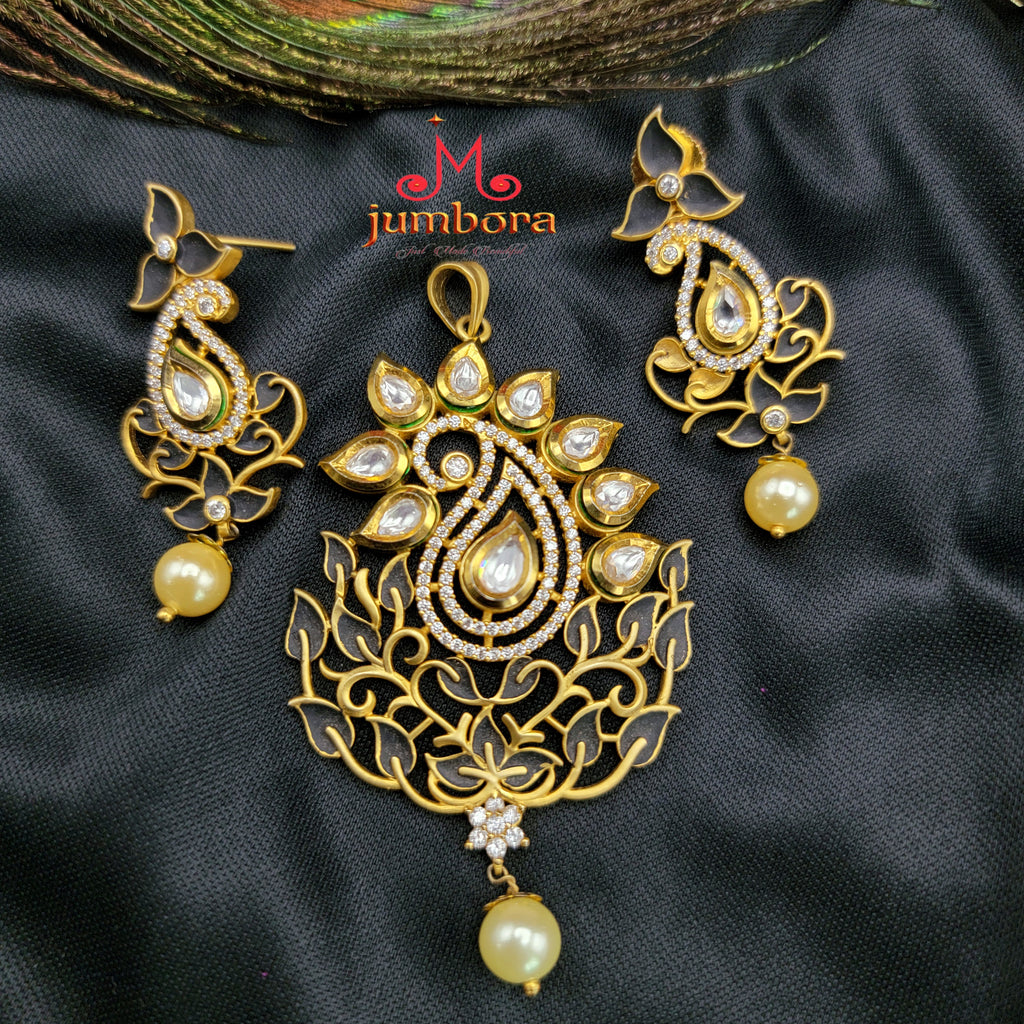 Kundan Black Enamel & White AD Zircon CZ Pendant Set