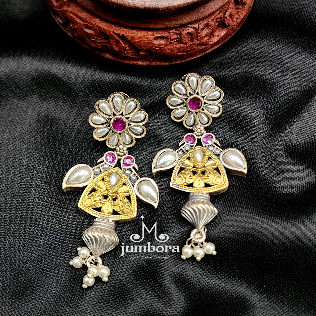 Pearl & Ruby Pink Silver Look Alike (SLA) Dual Tone Oxidized  German Silver Earring