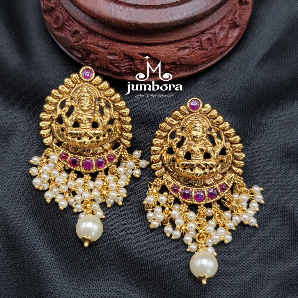 Kemp Lakshmi Stud Earrings with Pearls in Temple Jewelry