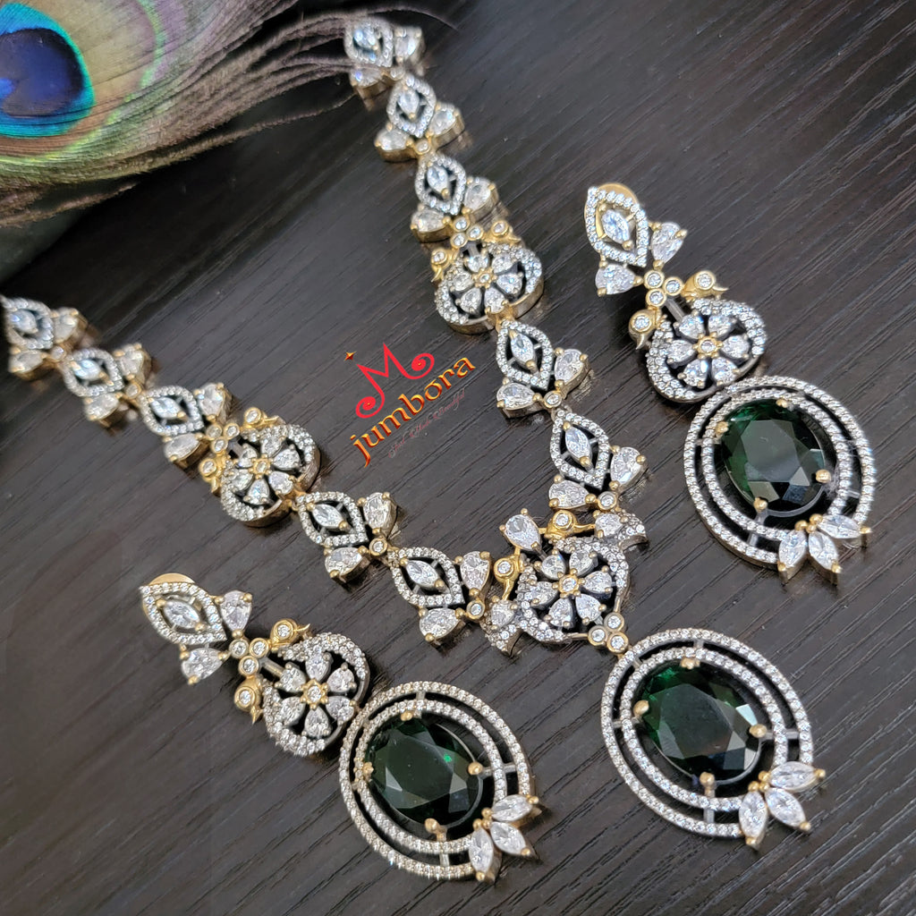 Premium Green & White CZ (Zircon) AD Victorian Necklace Set