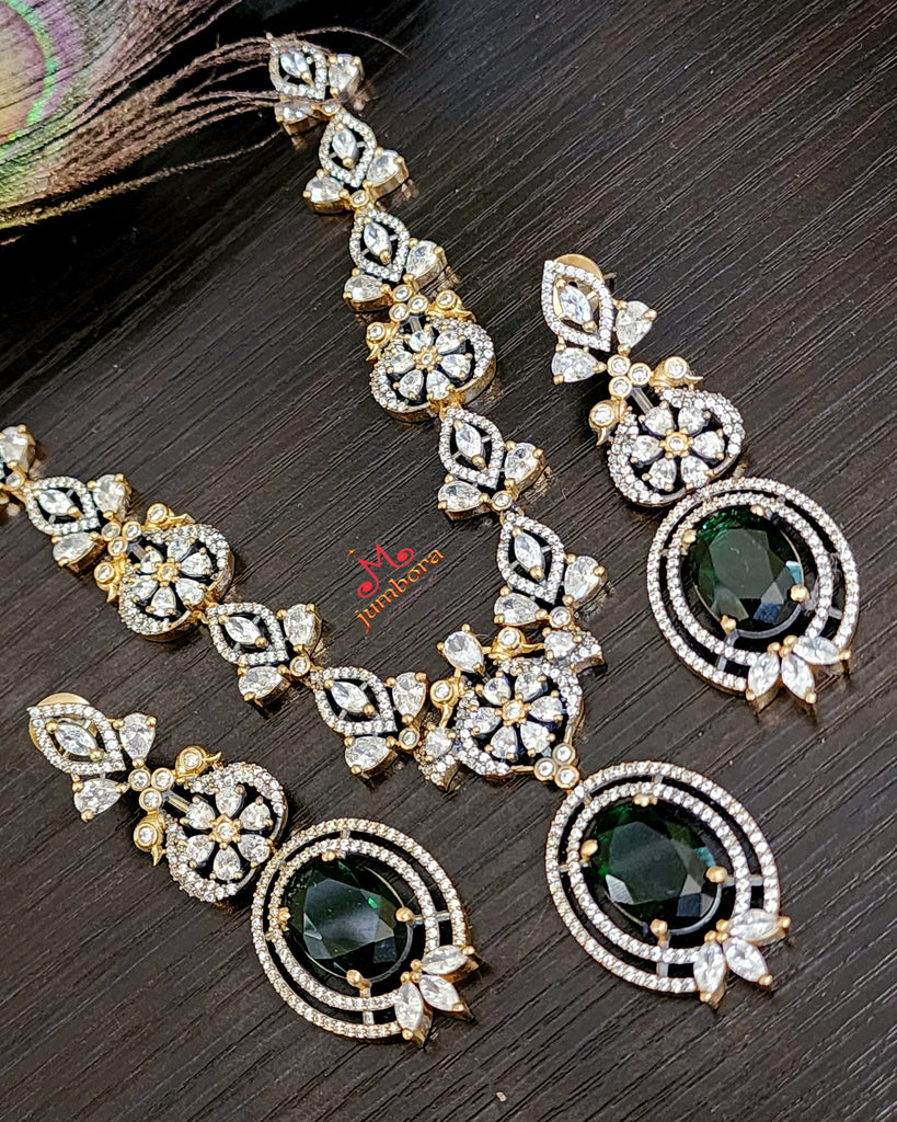Premium Green & White CZ (Zircon) AD Victorian Necklace Set