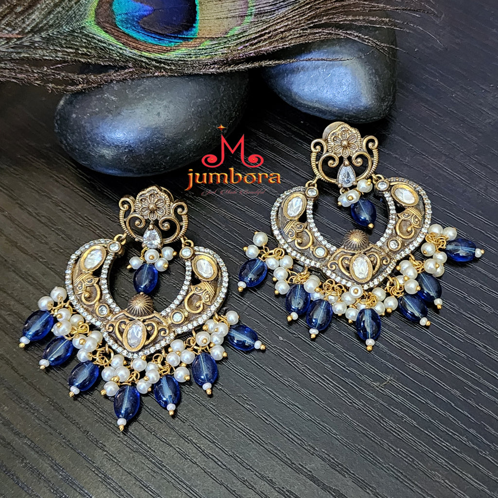 Kundan & White Zircon CZ ( AD) Victorian Earring with Blue Monalisa Danes