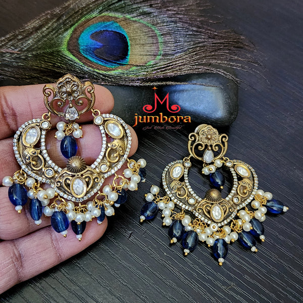 Kundan & White Zircon CZ ( AD) Victorian Earring with Blue Monalisa Danes