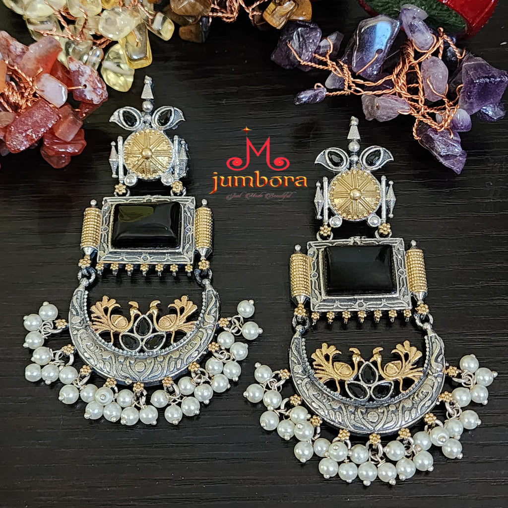 Statement Long Silver Look Alike (SLA) Dual Tone Black Stone Oxidized German Silver Earring