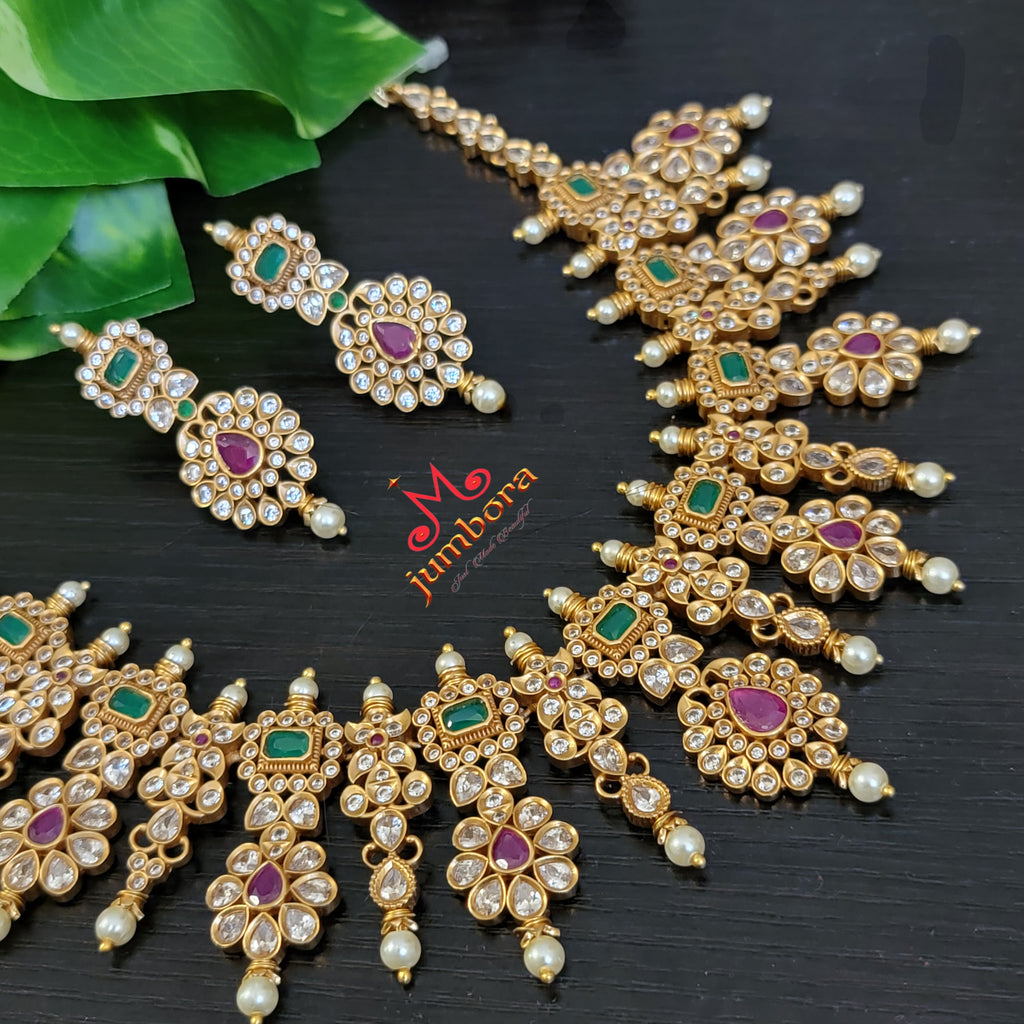 Gold Alike White, Red, Green Statement Necklace set with Pearl