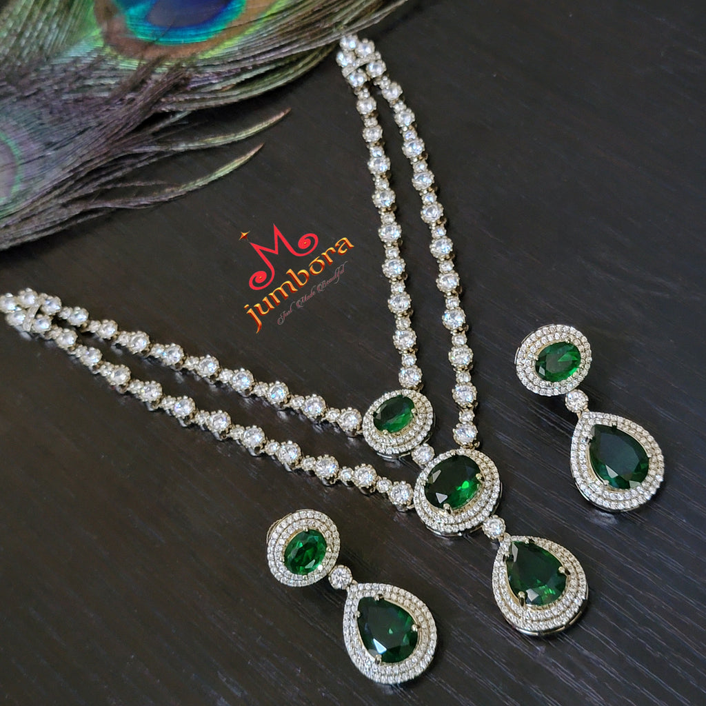 Double Row Bottle Green & White AD Zircon Victorian Bridal Necklace