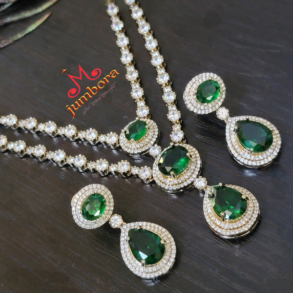 Double Row Bottle Green & White AD Zircon Victorian Bridal Necklace