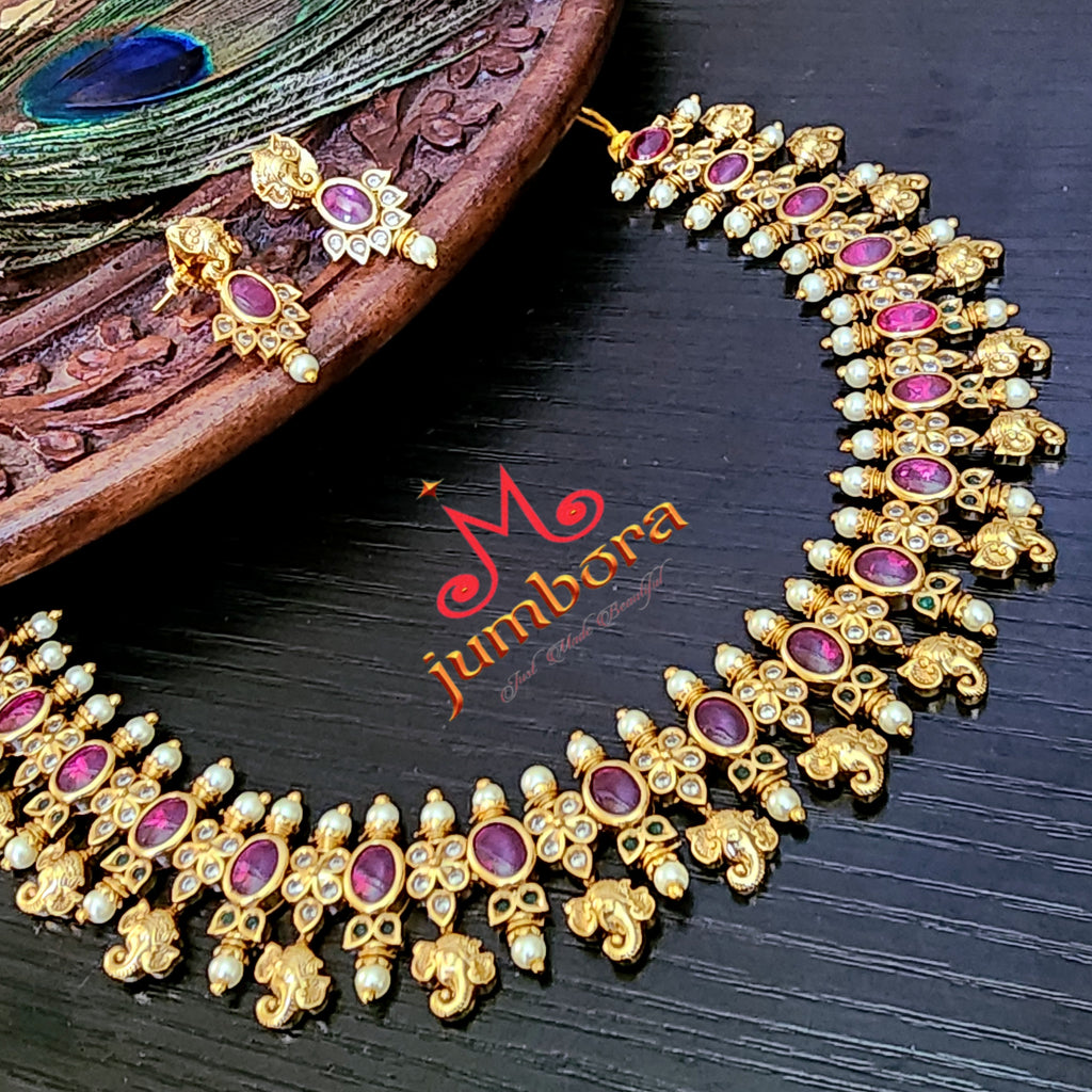 Ganesha Red Green Kemp Necklace set with Pearl