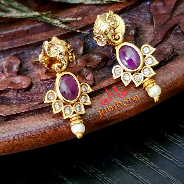 Ganesha Red Green Kemp Necklace set with Pearl