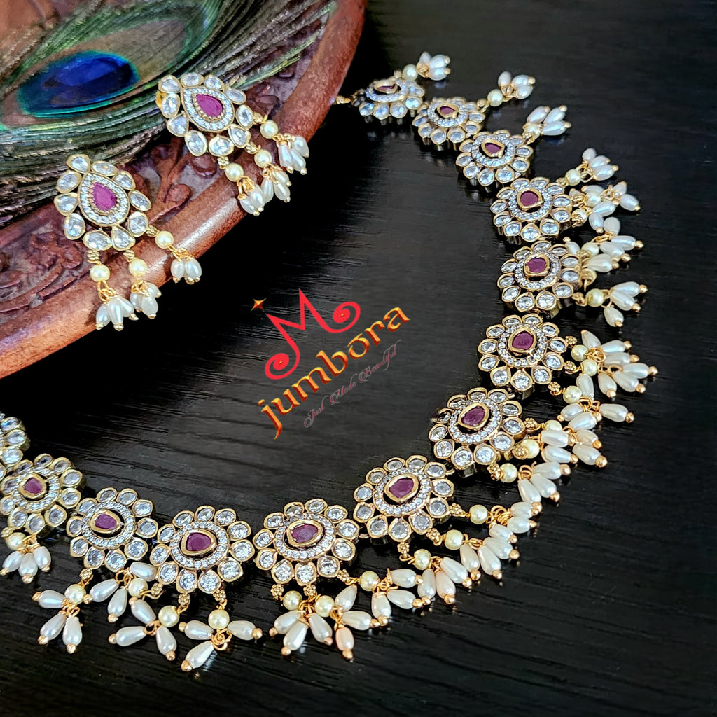 Victorian White and Ruby Red CZ (Zircon) AD Guttapusalu Necklace set