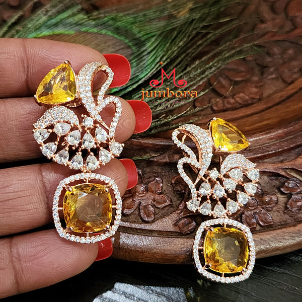 Rosegold Citrine Yellow & White AD Zircon Earring