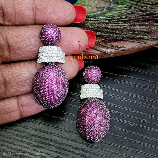 Magenta Pave-Set & White CZ (Zircon) Oval Contemporary Earrings