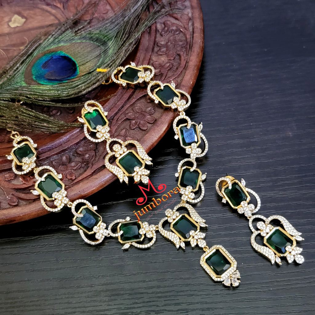Elegant Bottle Green & White AD Zircon Victorian Necklace